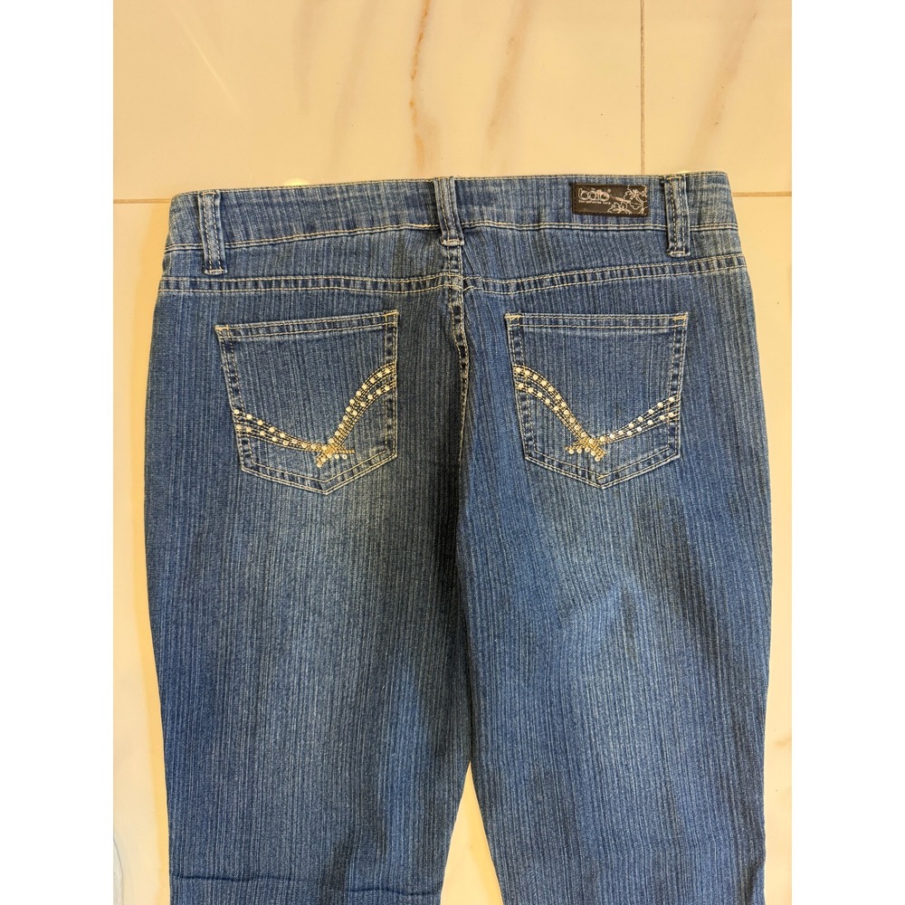 Babo Design Fusion Corp Blue Pinstripe Rhinestone Bootcut Jeans Womens 17 - Picture 7 of 8